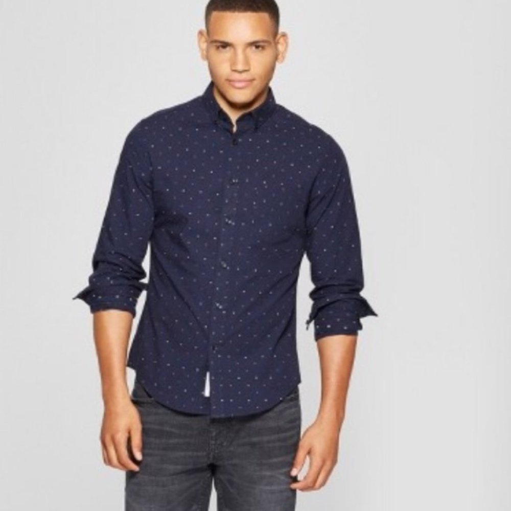 GOODFELLOW Northrop Navy Blue Geometric Dots Cotton Collared Shirt | Size L